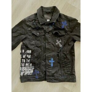 Smoke Rise Black Distressed Paint Splatter Cross Patch Jacket M Rock Rare Y2K